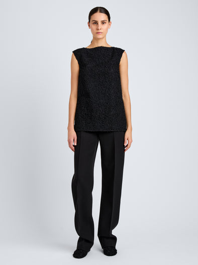 Proenza Schouler Front full length image of model wearing Virginie Top in Fringe Embroidery in Black