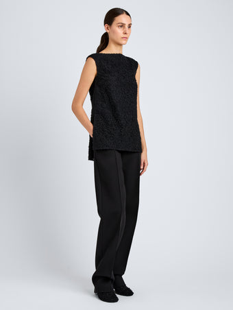 Proenza Schouler Side full length image of model wearing Virginie Top in Fringe Embroidery in Black