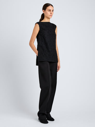 Proenza Schouler Side full length image of model wearing Virginie Top in Fringe Embroidery in Black