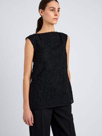 Proenza Schouler Detail image of model wearing Virginie Top in Fringe Embroidery in Black