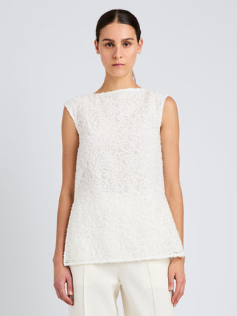 Proenza Schouler Front cropped image of model wearing Virginie Top in Fringe Embroidery in Off White