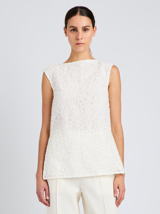 Proenza Schouler Front cropped image of model wearing Virginie Top in Fringe Embroidery in Off White