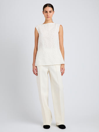 Proenza Schouler Front full length image of model wearing Virginie Top in Fringe Embroidery in Off White