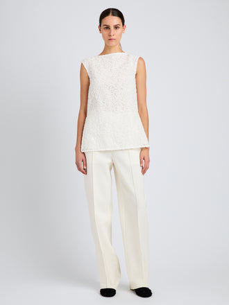 Proenza Schouler Front full length image of model wearing Virginie Top in Fringe Embroidery in Off White