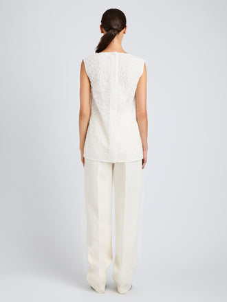 Proenza Schouler Back full length image of model wearing Virginie Top in Fringe Embroidery in Off White