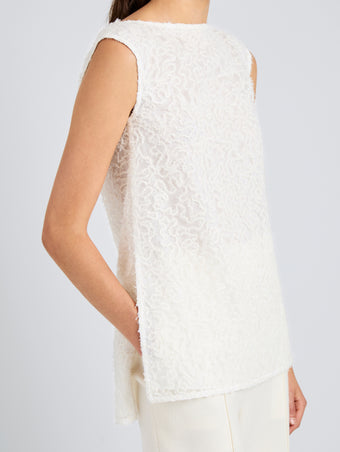 Proenza Schouler Detail image of model wearing Virginie Top in Fringe Embroidery in Off White