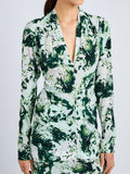 Proenza Schouler Front cropped image of model wearing Adela Top in Printed Silk Viscose in Dark Green Multi