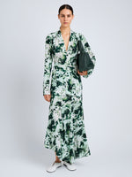 Proenza Schouler Front full length image of model wearing Joelle Skirt in Printed Silk Viscose in Dark Green Multi