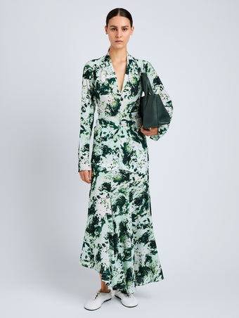 Proenza Schouler Front full length image of model wearing Joelle Skirt in Printed Silk Viscose in Dark Green Multi