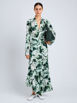 Proenza Schouler Front full length image of model wearing Joelle Skirt in Printed Silk Viscose in Dark Green Multi
