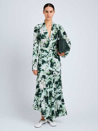 Proenza Schouler Front full length image of model wearing Joelle Skirt in Printed Silk Viscose in Dark Green Multi