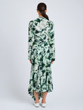 Proenza Schouler Back full length image of model wearing Adela Top in Printed Silk Viscose in Dark Green Multi