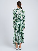 Proenza Schouler Back full length image of model wearing Adela Top in Printed Silk Viscose in Dark Green Multi