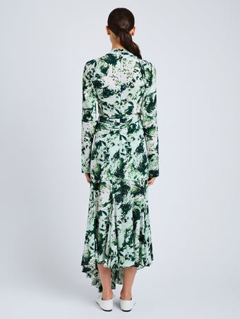 Proenza Schouler Back full length image of model wearing Adela Top in Printed Silk Viscose in Dark Green Multi