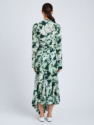 Proenza Schouler Back full length image of model wearing Adela Top in Printed Silk Viscose in Dark Green Multi