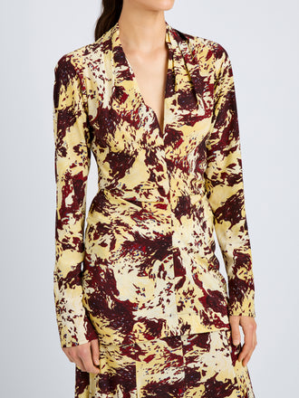 Proenza Schouler Front cropped image of model wearing Adela Top in Printed Silk Viscose in Rust Multi