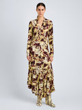 Proenza Schouler Front full length image of model wearing Adela Top in Printed Silk Viscose in Rust Multi