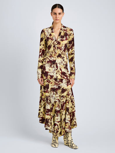 Proenza Schouler Front full length image of model wearing Adela Top in Printed Silk Viscose in Rust Multi