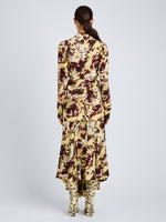 Proenza Schouler Back full length image of model wearing Adela Top in Printed Silk Viscose in Rust Multi