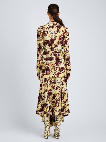 Proenza Schouler Back full length image of model wearing Adela Top in Printed Silk Viscose in Rust Multi