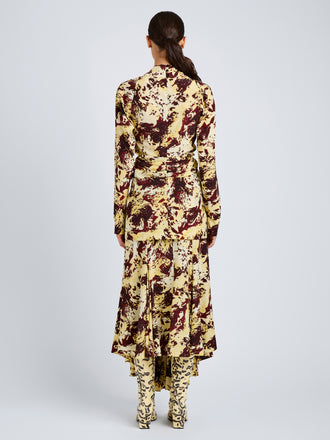 Proenza Schouler Back full length image of model wearing Adela Top in Printed Silk Viscose in Rust Multi