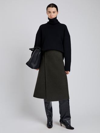Proenza Schouler Front full length image of model wearing Bodhi Skirt in Boucle Twill Suiting in Wood