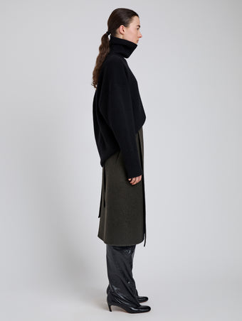 Proenza Schouler Side full length image of model wearing Bodhi Skirt in Boucle Twill Suiting in Wood
