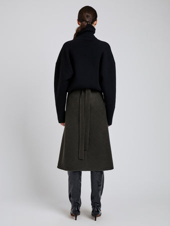 Proenza Schouler Back full length image of model wearing Bodhi Skirt in Boucle Twill Suiting in Wood