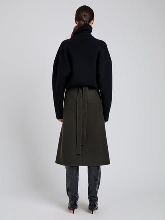 Proenza Schouler Back full length image of model wearing Bodhi Skirt in Boucle Twill Suiting in Wood