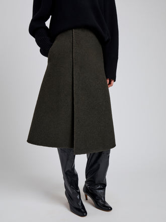 Proenza Schouler Detail image of model wearing Bodhi Skirt in Boucle Twill Suiting in Wood