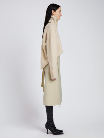 Proenza Schouler Side full length image of model wearing Bodhi Skirt in Boucle Twill Suiting in Off White