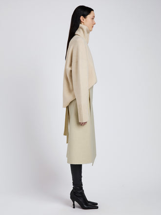 Proenza Schouler Side full length image of model wearing Bodhi Skirt in Boucle Twill Suiting in Off White
