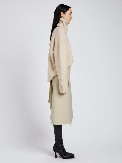 Proenza Schouler Side full length image of model wearing Bodhi Skirt in Boucle Twill Suiting in Off White