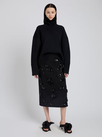 Proenza Schouler Front full length image of model wearing Moira Skirt in Embroidered Compact Crepe in Black