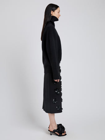 Proenza Schouler Side full length image of model wearing Moira Skirt in Embroidered Compact Crepe in Black