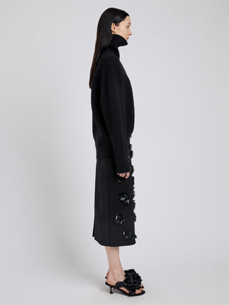 Proenza Schouler Side full length image of model wearing Moira Skirt in Embroidered Compact Crepe in Black