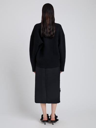 Proenza Schouler Back full length image of model wearing Moira Skirt in Embroidered Compact Crepe in Black