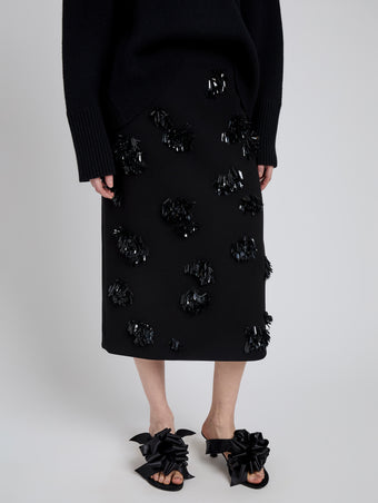 Proenza Schouler Detail image of model wearing Moira Skirt in Embroidered Compact Crepe in Black