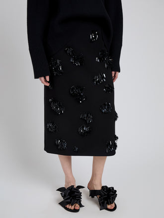 Proenza Schouler Detail image of model wearing Moira Skirt in Embroidered Compact Crepe in Black