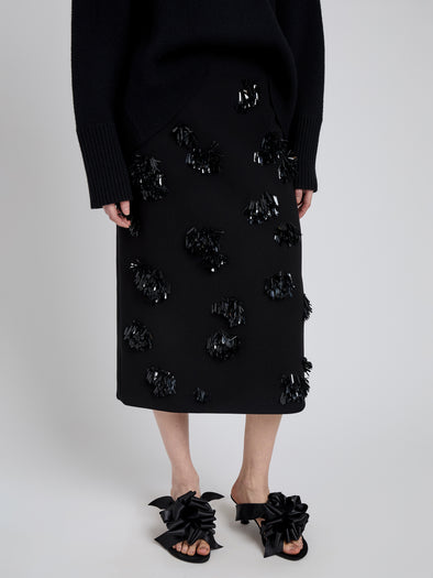 Proenza Schouler Detail image of model wearing Moira Skirt in Embroidered Compact Crepe in Black