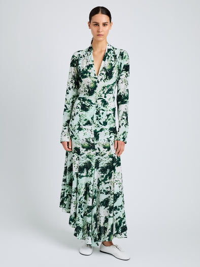 Proenza Schouler Front full length image of model wearing Joelle Skirt in Printed Silk Viscose in Dark Green Multi