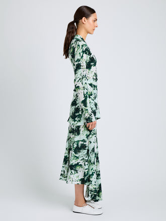 Proenza Schouler Side full length image of model wearing Joelle Skirt in Printed Silk Viscose in Dark Green Multi