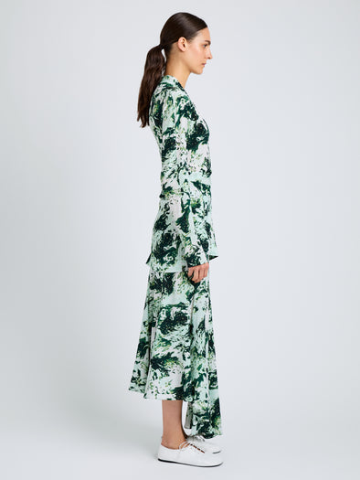 Proenza Schouler Side full length image of model wearing Joelle Skirt in Printed Silk Viscose in Dark Green Multi