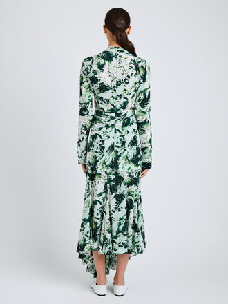 Proenza Schouler Back full length image of model wearing Joelle Skirt in Printed Silk Viscose in Dark Green Multi
