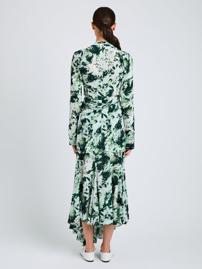 Proenza Schouler Back full length image of model wearing Joelle Skirt in Printed Silk Viscose in Dark Green Multi