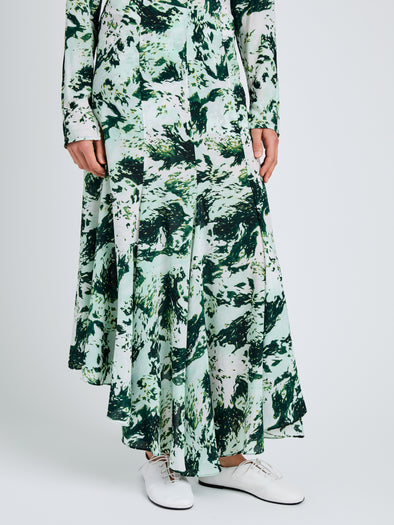 Proenza Schouler Detail image of model wearing Joelle Skirt in Printed Silk Viscose in Dark Green Multi