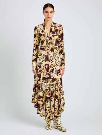 Proenza Schouler Front full length image of model wearing Joelle Skirt in Printed Silk Viscose in Rust Multi
