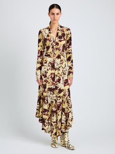 Proenza Schouler Front full length image of model wearing Joelle Skirt in Printed Silk Viscose in Rust Multi