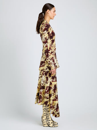 Proenza Schouler Side full length image of model wearing Joelle Skirt in Printed Silk Viscose in Rust Multi