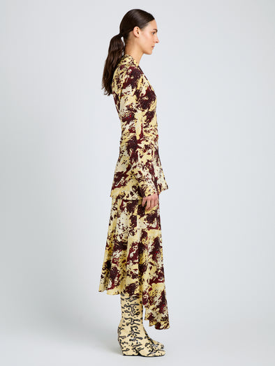 Proenza Schouler Side full length image of model wearing Joelle Skirt in Printed Silk Viscose in Rust Multi